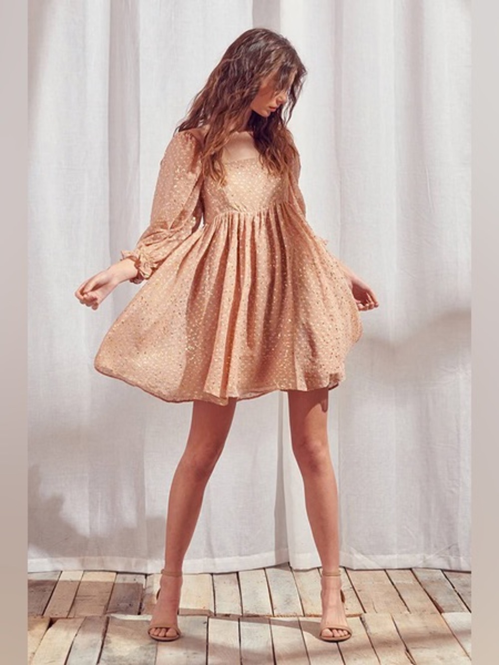 Storia Gold Flaked Embroidered Dots‎ Baby Doll Mini Dress S
